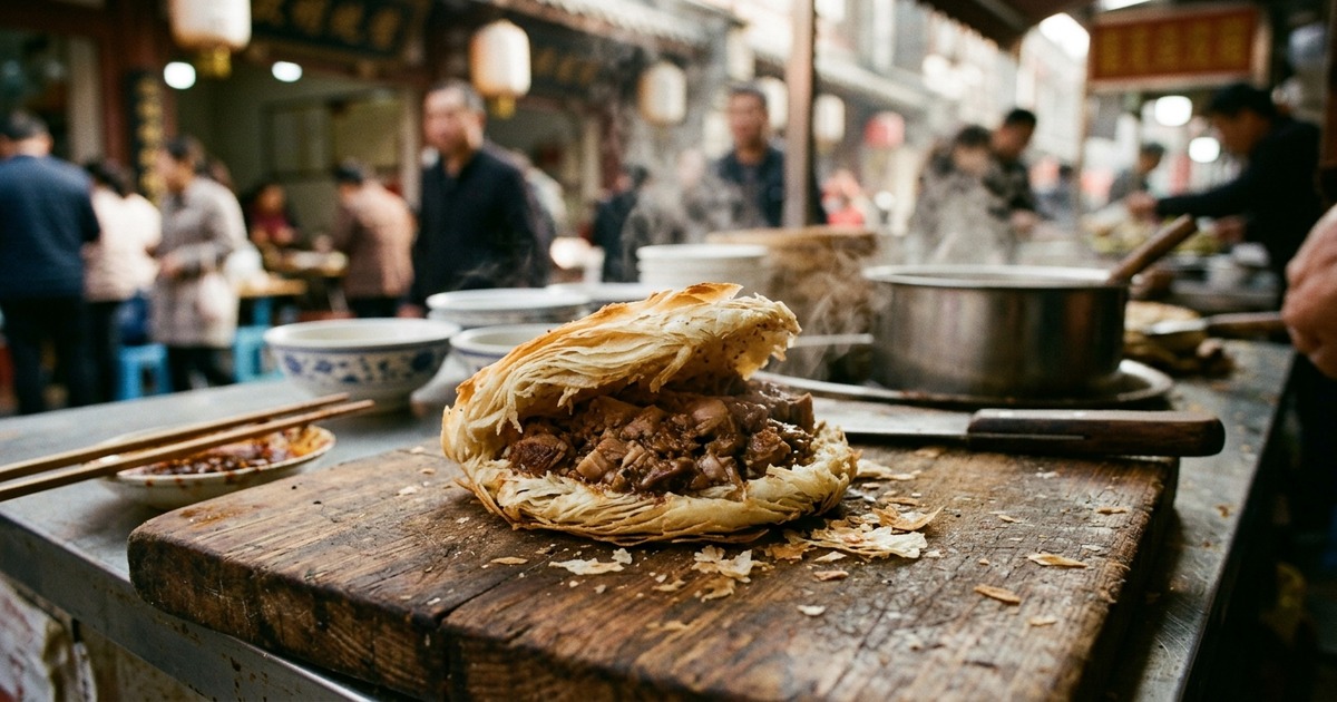 老潼關肉夾饃——西安街頭的酥皮夾肉,餅皮層次比餡料還重要
